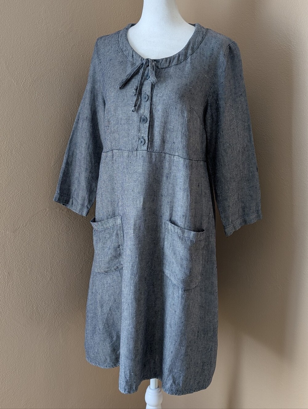 FLAX 100% Linen Dress Women's Petite P Blue Gray Heather Boho